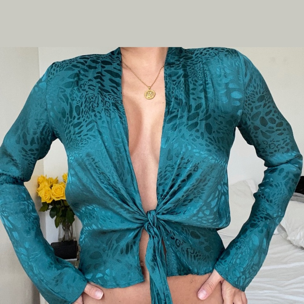 Green satin top with print